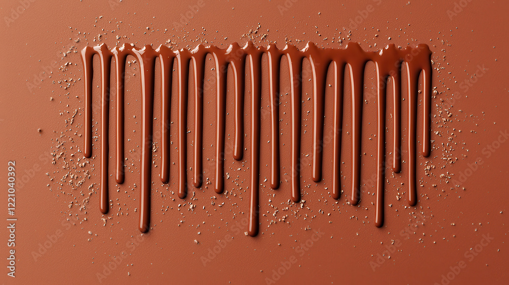 Poster molten chocolate dripping in deep reddish brown tone, creating rich and indulgent texture. smooth fl