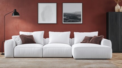 Modern Living Room with White Sofa and Red Wall
