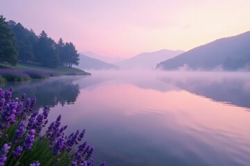 Obraz premium Gentle lavender mist rises from a tranquil lake at dawn, gradient background, serene