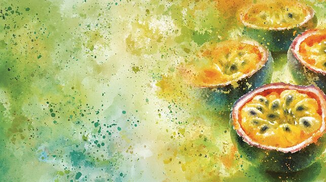 watercolor illustration of a passion fruit, capturing its vibrant colors and textures, with copy space around the fruit. Passion fruit. superfood 