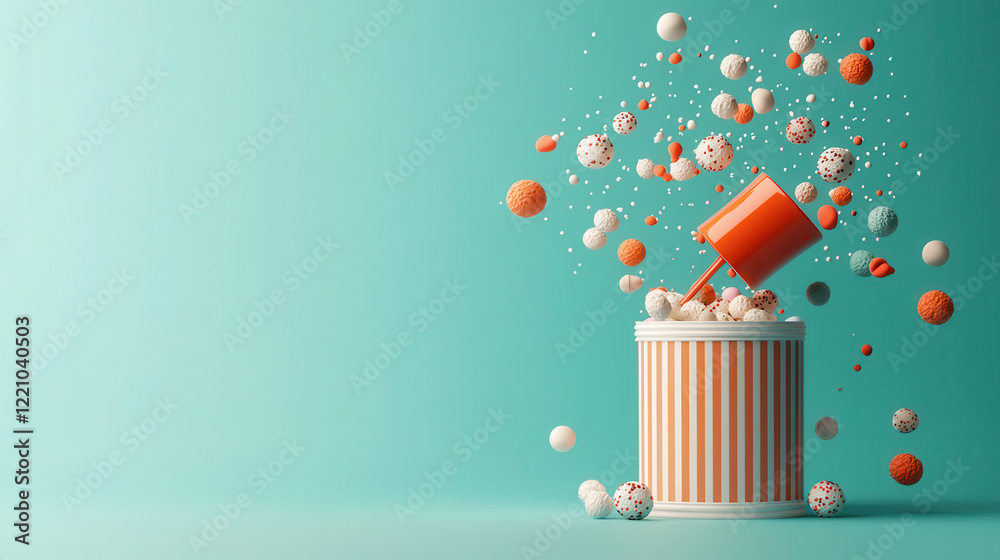 Poster colorful scene featuring striped container spilling vibrant balls and confetti, creating playful and