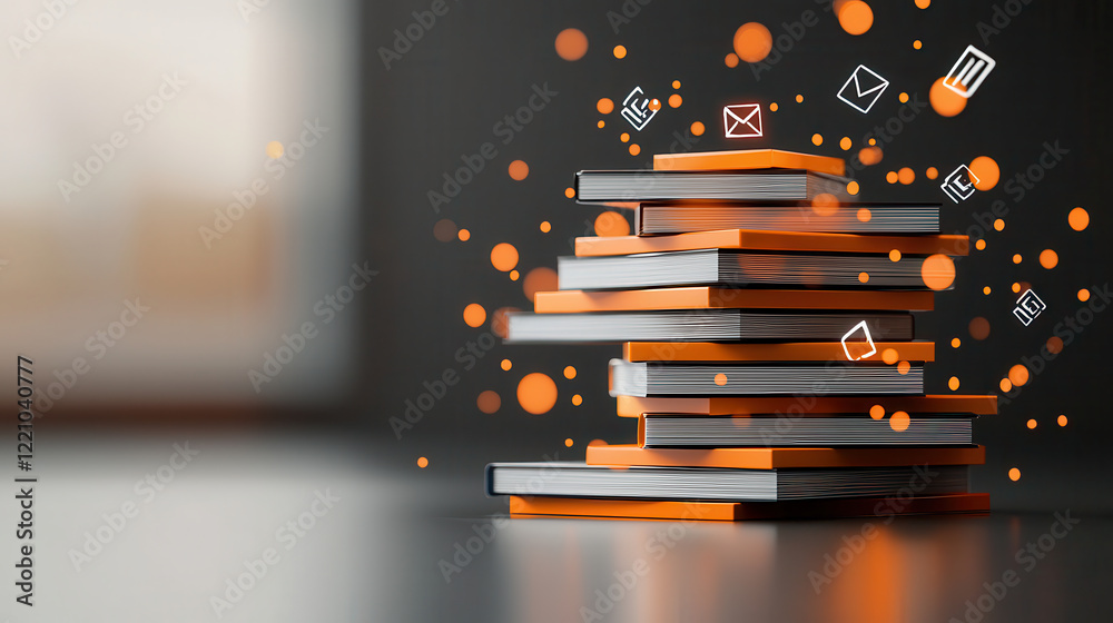 Fototapete digital tablet with floating icons above stacked books, representing knowledge and technology