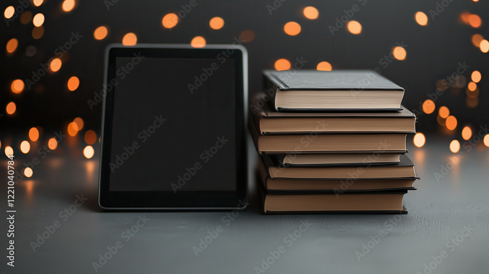 Aufkleber digital tablet beside stacked books with blurred bokeh background creates cozy atmosphere for readin