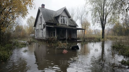 Fototapeta premium Rural home devastated by severe flooding elevated viewpoint captures the outdoor environmental crisis