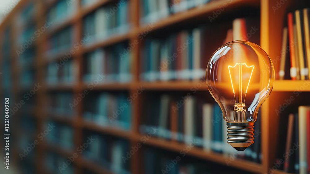 Aufkleber glowing light bulb illuminates library filled with books, creating warm and inviting atmosphere for reading and learning