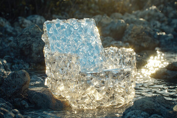 Frosty crystal throne illuminated by moonlight in a dark, rocky environment.