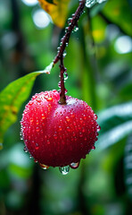 a red apple hanging from a tree branch