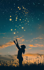 Reaching for the Stars: A silhouette of a woman reaches towards a vibrant sky filled with countless stars, capturing a sense of wonder and boundless dreams.