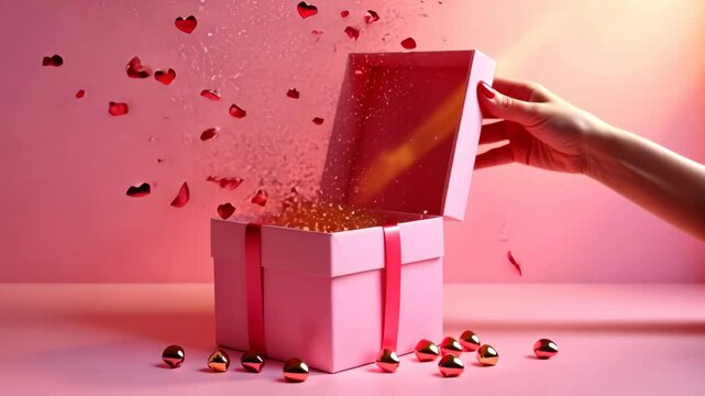 Red and golden hearts jump out of a pink open gift box, explosion of hearts, backdrop with woman hand for Mother's Day and Valentine's Day