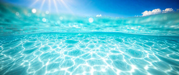 Sunlight shining on beautiful tranquil turquoise water surface with clouds