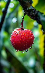 a red apple hanging from a tree branch