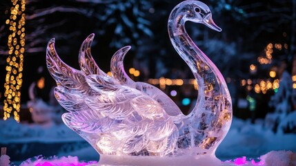 Naklejka premium A beautiful ice sculpture of a swan displayed at a winter festival with colorful lights in the background
