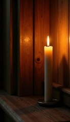 Gentle light from a large pillar candle in a wooden corner, golden, wood, warm