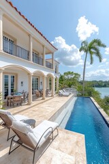 Fototapeta premium Mediterranean Style Luxury Villa with Poolside Relaxation and Scenic Lake View