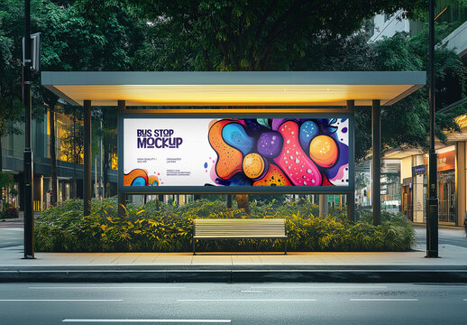 Bus Stop Billboard Mockup &ndash; Urban Outdoor Advertising Scene with Night Lighting