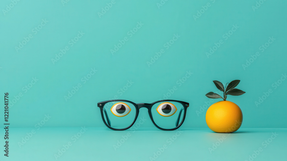Poster realistic image of playful glasses with large eyes next to orange on turquoise background, creating 