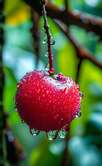 a red apple hanging from a tree branch