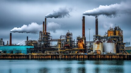 Obraz premium Industrial Plant By Water Emitting Smoke Into Cloudy Sky