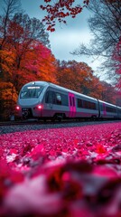 Obraz premium Modern Train in Vibrant Autumn Forest with Pink and Orange Leaves