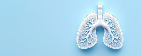 A detailed 3D model of human lungs on a blue background, illustrating the intricate structure of the respiratory system.