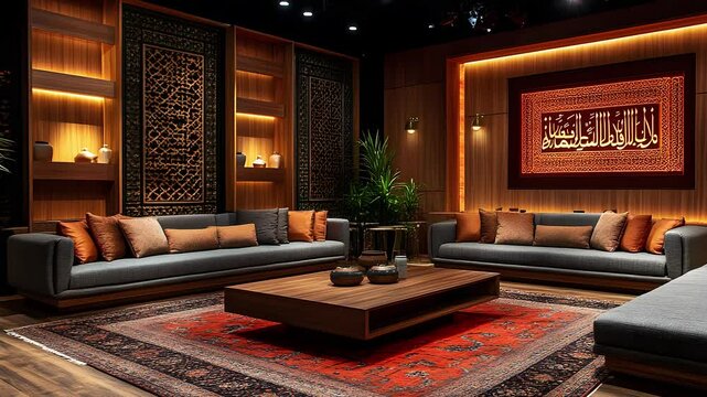 live talk show studio with elegant couches, a coffee table, and a backdrop of Arabic calligraphy