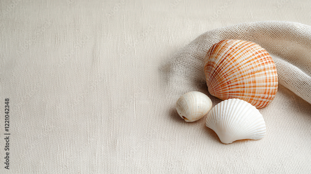 Poster soft natural light illuminating three seashells on textured fabric background creates serene and cal