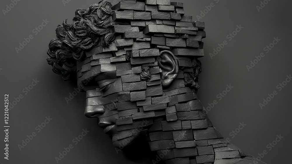Poster This artwork features sculptural representation of human head, intricately designed with textured black blocks, creating striking visual effect. piece evokes sense of depth and complexity