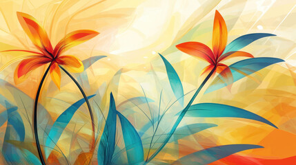 Fototapeta premium Vibrant abstract illustration of summer flowers with colorful leaves