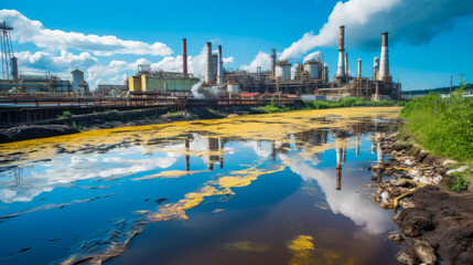 Fototapeta premium Swirling blue and yellow whirlpools in toxic river reflecting industrial skyline under bright sky