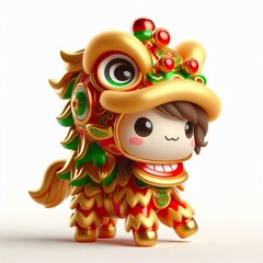3D Adorable gold-green and red horse in a lion dance costume on a white background for cut-out