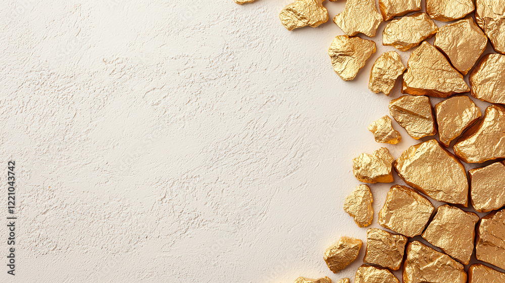 Poster Golden rocks on textured white background create luxurious and elegant atmosphere. reflective surfaces enhance high end feel, perfect for upscale designs