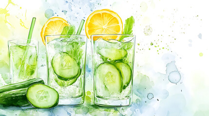 A refreshing cucumber infused water with lemon slices, bright watercolor splash design 