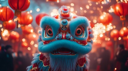  A Lunar New Year lion dance performance with dancers in elaborate costumes, surrounded by red lanterns and festive decorations