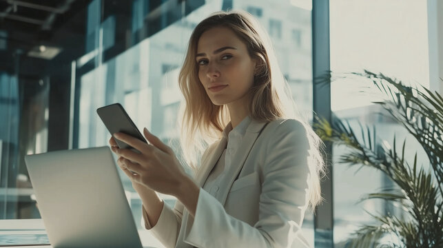 A businesswoman holding a smartphone in one hand and gesturing at a laptop screen in a bright office. Digital tools, technology - Powered by Adobe