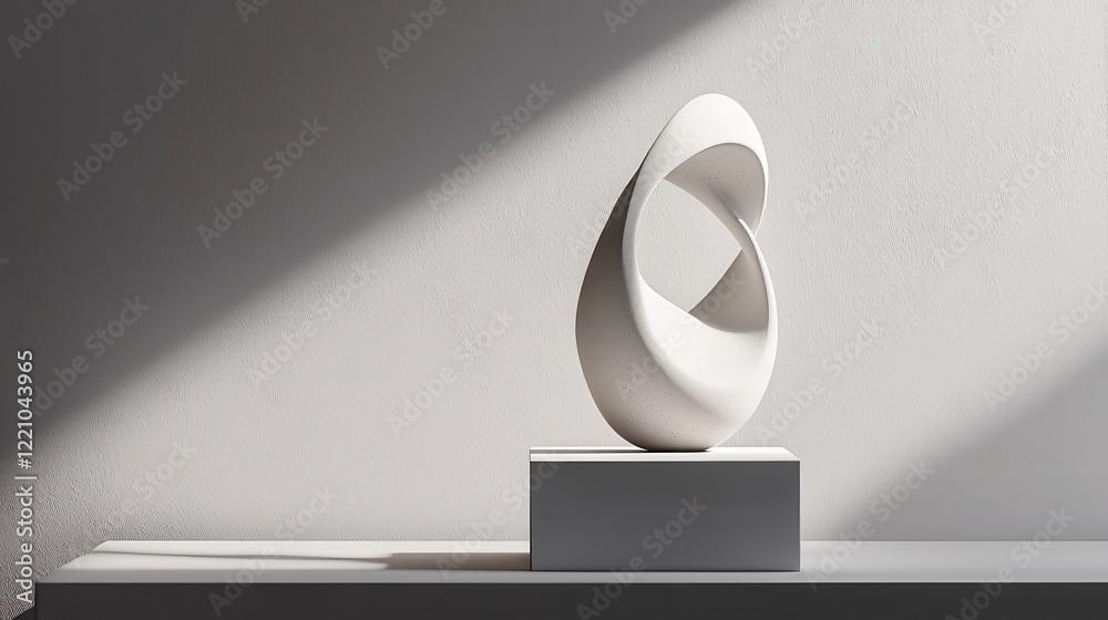 Poster modern white sculpture with smooth curves and abstract design, illuminated by soft light and casting gentle shadows on minimalist background