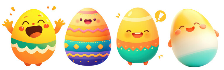 Cheerful Smiley Face Easter Egg in Cartoon Style on Transparent Background