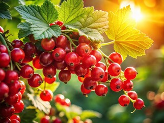 Springtime Ribes Berries on Branch, Fresh Red Currants, Lush Green Foliage, Vibrant Nature Photography