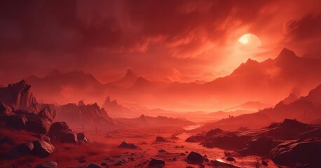 An intense red mist surrounds a mysterious border , ghostly outline, smoky veil, dreamy landscape