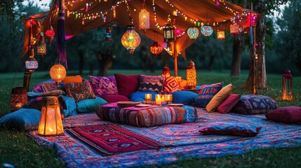 Romantic Outdoor Bohemian Picnic Setting With Lanterns