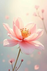 Fototapeta premium Cover design, postcard with delicate pink flower on light beige background, hand drawn floral illustration