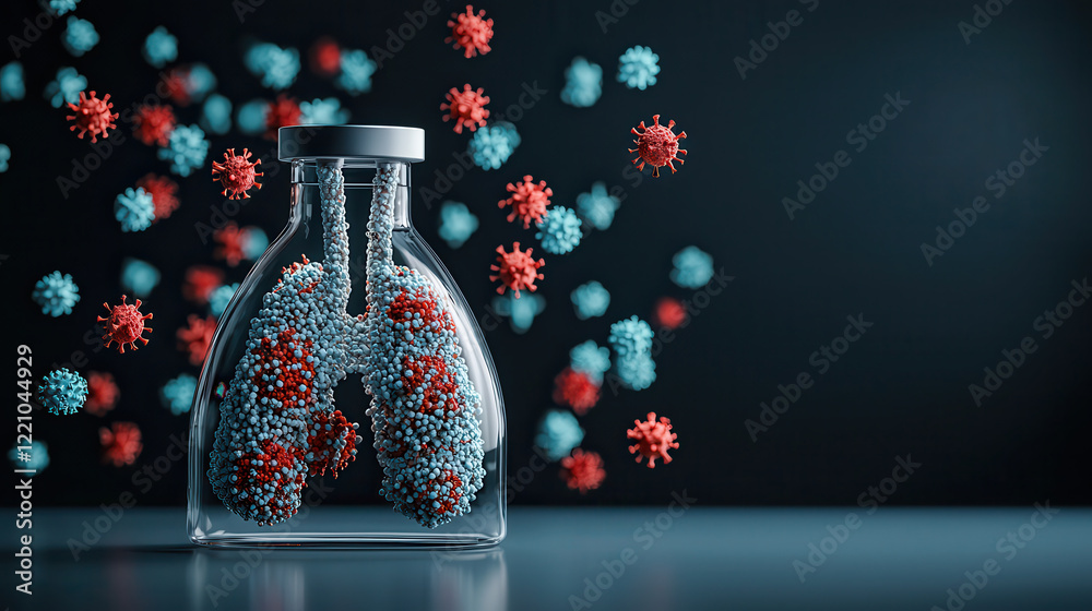 Leinwandbilder realistic depiction of lungs in glass flask surrounded by colorful viruses, illustrating interaction
