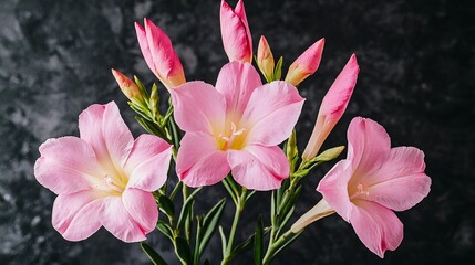 Pink flowers with buds, centered on a dark textured surface for plant ads