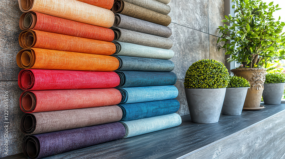 Poster colorful fabric rolls arranged neatly on shelf, showcasing various textures and hues, complemented b