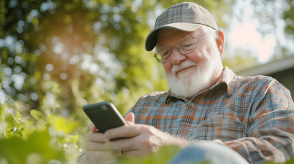Fototapeta premium A senior man in a plaid shirt, sitting outdoors on a sunny day, enjoying texting on his cellphone