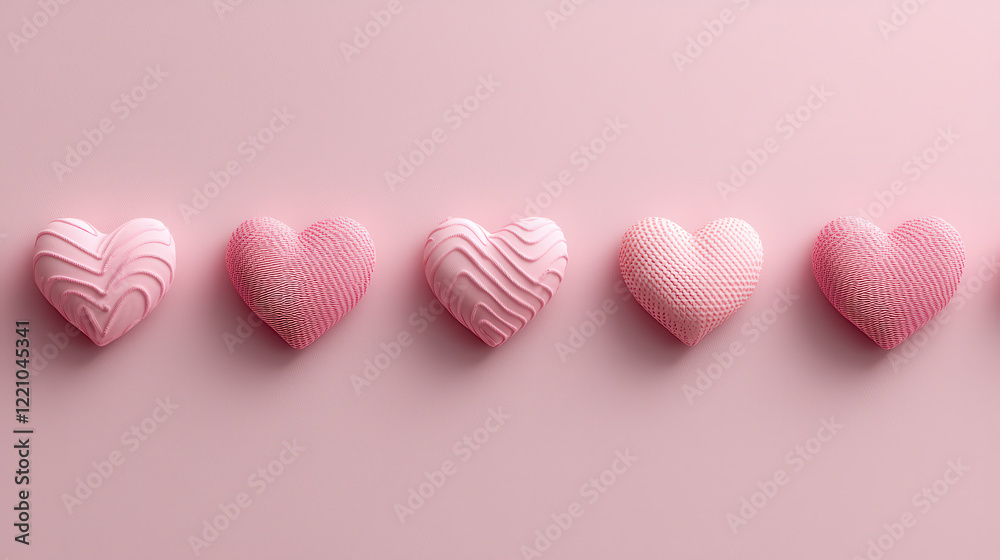 Poster Soft pink hearts arranged in row, showcasing various textures and patterns, create charming and romantic atmosphere. Perfect for expressing love and affection