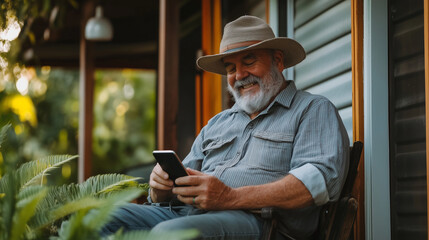 A joyful senior man sitting on his porch, wearing a hat, and typing a message on his phone