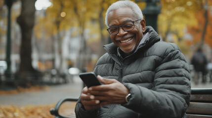Fototapeta premium A happy senior man sitting on a park bench, smiling as he types a message on his cellphone