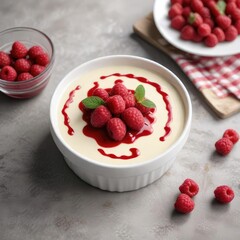 A bowl of panna cotta topped with fresh raspberries and raspberry sauce , berries, sweet,
