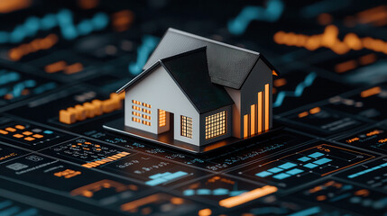 modern 3D scene of white house on digital financial background, symbolizing real estate investment and market analysis. house features glowing elements, enhancing its visual appeal