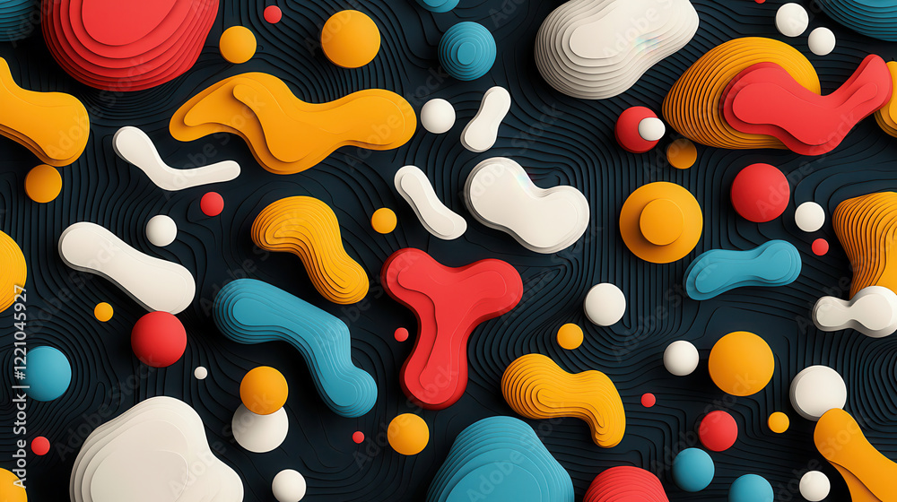 Poster Vivid abstract graphic pattern with dynamic shapes and vibrant colors. This design features mix of red, yellow, blue, and white elements on dark background, creating lively and modern aesthetic